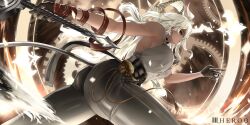 1girl absurdres artist_name ass black_choker black_gloves black_lips black_pants breasts choker closed_mouth commentary demon_horns demon_tail english_commentary feet_out_of_frame from_side gloves highres holding holding_weapon horns large_breasts lips long_hair louu_heroo makeup pants red_eyes shirt sideboob solo standing strapless tail thighs weapon white_hair white_shirt wuthering_waves zani_(wuthering_waves)