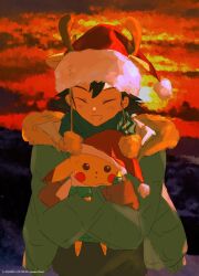 Rule 34 | 1boy, alternate costume, animal ears, ash ketchum, black hair, brown gloves, cloud, commentary request, explodjelly, fake animal ears, fake horns, gen 1 pokemon, gloves, green jacket, green scarf, happy, hat, highres, holding, holding pokemon, horns, jacket, male focus, nintendo, outdoors, pikachu, pokemon, pokemon (anime), pokemon (classic anime), pokemon (creature), red hat, santa hat, scarf, shirt, short hair, sky, twilight