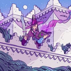 1girl albabg artist_logo artist_name black_hair book building cloak commentary dress english_commentary fantasy full_moon hat highres holding holding_book holding_sword holding_weapon logo long_hair long_sleeves magic moon night open_book original outdoors purple_theme sky solo standing star_(sky) sword toon_(style) weapon witch witch_hat