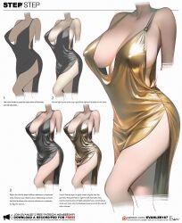 Rule 34 | 1girl, breasts, cleavage, dress, english text, evan lee, gold dress, highres, large breasts, long dress, neck, original, paid reward available, shiny clothes, side slit, sideboob, simple background, thighs, white background
