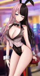 Rule 34 | 1girl, animal ears, blurry, blurry background, blush, bow, bowtie, breasts, brown hair, cleavage, highres, kushinaka, large breasts, leotard, long hair, one eye closed, original, pink hair, playboy bunny, purple eyes, rabbit ears, solo, wrist cuffs