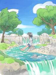 1girl barefoot black_hair day grass grey_skirt highres masuki on_rock original outdoors river rock scenery shirt short_hair sitting skirt solo tree water waterfall white_shirt