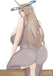 Rule 34 | 1girl, absurdres, alternate breast size, ass, ass focus, back, backboob, breasts, cartethyia (wuthering waves), crown of thorns, edelweiss17701, fleurdelys (wuthering waves), floating crown, from behind, highres, horns, huge ass, huge breasts, large breasts, long hair, long horns, looking at viewer, looking back, panties, pixiv, single horn, solo, thick thighs, thighs, underwear, wide hips, wuthering waves, yellow horns