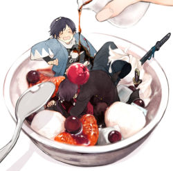 &gt;_&lt; 10s 2boys anmitsu_(dessert) bad_id bad_pixiv_id berry blue_hair bridal_gauntlets cherry closed_eyes dessert food fruit hakama hakama_skirt haori in_food japanese_clothes kashuu_kiyomitsu katana male_focus mandarin_orange mini_person miniboy multiple_boys open_mouth oze_(halcanaoze) pom_pom_(clothes) pouring pun purple_hair scarf sheath sheathed skirt spoon sword syrup touken_ranbu weapon white_scarf yamato-no-kami_yasusada