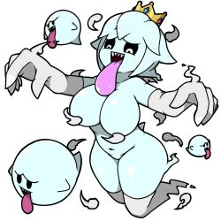 1girl :d black_sclera blue_hair blue_skin boo_(mario) breasts colored_sclera colored_skin crown elbow_gloves ghost gloves highres large_breasts light_blue_hair long_tongue mario_(series) name_omoitukan2 navel nintendo open_mouth personification sharp_teeth shiny_skin short_hair simple_background smile teeth thick_lineart thighhighs tongue tongue_out white_background white_eyes white_gloves white_thighhighs