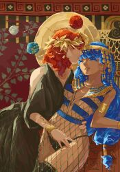 Rule 34 | 2girls, abstract background, absurdres, alternate costume, alternate skin color, armlet, bare shoulders, black dress, black panties, black thighhighs, blue eyes, blue hair, bracelet, dark-skinned female, dark skin, dress, earrings, earth (ornament), eye contact, fishnets, flat chest, gold, hair ornament, hand on another&#039;s thigh, hand on another&#039;s waist, haru bun, hecatia lapislazuli, highres, jewelry, light smile, long hair, looking at another, medium hair, michigami nareko, moon (ornament), multiple girls, one eye closed, panties, planet hair ornament, red eyes, red hair, revealing clothes, thighhighs, touhou, underwear, underworld (ornament), usekh collar, very long hair, yuri