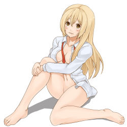 1girl barefoot blonde_hair blush bottomless brown_eyes feet long_hair minami-ke minami_haruka mo-fu navel necktie no_bra open_clothes open_shirt shirt sitting smile