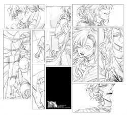 1other 2boys 37_(reverse:1999) 3girls 6_(reverse:1999) :d android blood choker circlet coat enigma_(reverse:1999) greyscale gyujik_qzc half-closed_eyes highres holding holding_paper joints lineart long_hair looking_at_viewer lucy_(reverse:1999) medicine_pocket monochrome multiple_boys multiple_girls nosebleed open_mouth paper piston profile reverse:1999 robot_girl robot_joints scared sharp_teeth short_hair smile sophia_(reverse:1999) sweat teeth