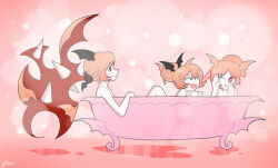 3girls :o bathtub black_wings closed_eyes closed_mouth colored_skin cranber_(funamusea) funamusea gallaxi haiiro_teien hair_bun hair_wings long_hair looking_at_another multiple_girls nude one_eye_closed open_mouth pink_hair ponytail raspbel_preserves rawberry_preserves red_eyes signature smile spikes water white_skin wings