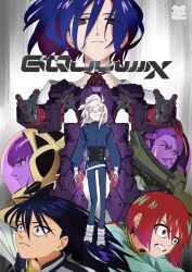3boys 3girls amate_yuzuriha aqua_eyes beard black_hair blue_hair bodysuit challia_bull closed_eyes commentary_request crying deux_murasame facial_hair grey_hair gundam gundam_gquuuuuux helmet highres jacket long_hair long_sleeves looking_at_viewer mecha mecha_pilot_suit military_uniform mobile_suit multicolored_hair multiple_boys multiple_girls mustache normal_suit_(gundam) nyaan_(gundam_gquuuuuux) open_mouth psyco_gundam_(gquuuuuux) purple_hair red_eyes red_hair robot science_fiction shirt short_hair shuji_ito tears two-tone_hair v-fin white_shirt xavier_olivette yellow_eyes yy_shibata