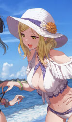 2girls :3 bangle bikini black_hair blue_sky blunt_bangs bracelet breasts cleavage commentary_request cowboy_shot criss-cross_halter flower frilled_swimsuit frills halterneck hand_on_own_hip hat hat_flower highres jewelry kurosawa_dia large_breasts leaning_forward long_hair looking_at_another love_live! love_live!_sunshine!! midriff multicolored_bikini multiple_girls navel ohara_mari open_mouth out_of_frame outdoors photo_background ponytail purple_bikini shamakho sky smile solo_focus standing strap_pull sun_hat swimsuit two-tone_bikini water white_bikini white_flower white_headwear yellow_eyes yellow_flower