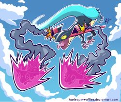 Rule 34 | absurdres, blue sky, cloud, cloudy sky, commentary, day, deviantart username, dragapult, dragon, dreepy, english commentary, firing, flying, gen 8 pokemon, harlequinwaffles, highres, nintendo, no humans, outline, pokemon, pokemon (creature), pokemon focus, signature, sky, smoke, tongue, tongue out, watermark, web address, white outline