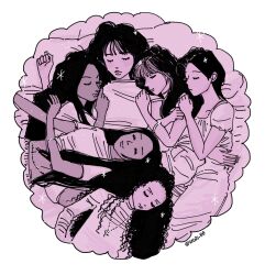 Rule 34 | 6+girls, black hair, bracelet, closed eyes, curly hair, daniela (katseye), highres, jewelry, katseye, lara (katseye), long hair, long sleeves, lying, manon (katseye), megan (katseye), multiple girls, pink theme, seeds 00, shirt, short sleeves, smile, sophia (katseye), twitter username, yoonchae (katseye)