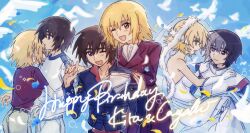 Rule 34 | 1boy, 1girl, bird, blonde hair, blue sky, blush, bridal veil, bride, brother and sister, brown hair, cagalli yula athha, carrying, character name, closed eyes, commentary request, dress, english text, gloves, gundam, gundam seed, happy birthday, highres, hug, jacket, kira yamato, long sleeves, looking at another, looking at viewer, mecha pilot suit, multiple views, one eye closed, open mouth, princess carry, purple eyes, shiro kunugi, shirt, short hair, short sleeves, siblings, sky, smile, tearing up, veil, wedding dress, white bird, white dress, yellow eyes