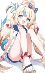 Rule 34 | 1girl, :d, absurdres, animal ear fluff, animal ears, blonde hair, blue eyes, blue hair, blue nails, cat ears, collar, commentary, dress, fangs, feet, fins, fish girl, fish tail, foot out of frame, frilled dress, frills, hands on floor, hashtag-only commentary, head tilt, highres, indie virtual youtuber, legs, lifebuoy hair ornament, long hair, looking at viewer, low twintails, misyune, multicolored hair, nail polish, on floor, one side up, open mouth, sameko saba, sandals, simple background, sitting, skin fangs, sleeveless, sleeveless dress, smile, solo, streaked hair, tail, toenail polish, toenails, twintails, very long hair, virtual youtuber, white background, white dress