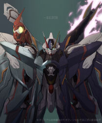 awatobi billy_(gundam) bird commentary_request cowboy_shot crossbone_gundam crossbone_gundam_dust crossbone_gundam_x-0_full_cloth crossbone_gundam_x-1_full_cloth fusion glowing glowing_eyes green_eyes grey_background gundam highres looking_at_viewer mecha mecha_focus mobile_suit no_humans non-humanoid_robot original parrot robot robot_animal science_fiction skull_and_crossbones solo standing translation_request v-fin