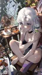 1girl 2girls absurdres artist_name bare_legs barefoot black_cat black_choker black_sports_bra blush breasts brick_wall can cat chair choker cleavage coca-cola collarbone cooler cup drink_can electric_fan eyelashes feet full_body grey_eyes grey_hair grey_shorts hand_on_own_shoulder hand_up hani_haya heart heart_necklace highres holding indian_style indoors jewelry legs long_hair looking_at_viewer medium_breasts multiple_girls necklace o-ring o-ring_choker on_chair original out_of_frame parted_lips sandals shadow short_shorts shorts sitting solo_focus sports_bra sweat toe_ring toenails toes