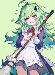 1girl ahoge alternate_costume animal_ears broom enmaided flying_sweatdrops green_background green_hair green_nails hair_ornament highres holding holding_broom honkai:_star_rail honkai_(series) huohuo_(honkai:_star_rail) long_hair maid rafi_(rafitea) shaking signature simple_background solo
