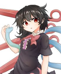 1girl bad_id bad_twitter_id black_dress black_hair bow bowtie breasts commentary dress female_focus frills highres houjuu_nue looking_at_viewer medium_hair open_mouth red_bow red_eyes short_sleeves simple_background small_breasts snake solo tarumaru touhou upper_body white_background wings