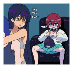 1boy 2girls amate_yuzuriha blue_hair bra cuck_chair_(meme) english_text green_eyes gundam gundam_gquuuuuux hair_between_eyes heiyuu! imminent_netorare long_hair meme multiple_girls nyaan_(gundam_gquuuuuux) panties purple_hair red_hair short_hair shuji_ito spread_legs underwear
