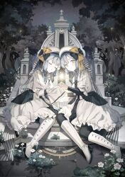 2girls absurdres beret black_vs_white boots closed_eyes crescent dress flower grey_hair hat highres hihara_you knee_boots long_sleeves looking_at_viewer monument multiple_girls night night_sky official_art original outstretched_hand siblings sky sleeves_past_fingers sleeves_past_wrists smile star_(sky) star_(symbol) tree twins white_dress white_flower white_footwear white_headwear yellow_eyes yellow_nails