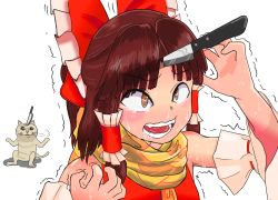 1girl benikurage_(cookie) bow brown_eyes brown_hair cat commentary_request cookie_(touhou) detached_sleeves frilled_bow frilled_hair_tubes frills hair_bow hair_tubes hakurei_reimu knife knife_in_head knifed manatsu_no_yo_no_inmu medium_hair miura_cat object_through_head open_mouth orange_scarf pai_kebon_baa parted_bangs ponytail red_bow red_shirt ribbon-trimmed_sleeves ribbon_trim scarf shirt simple_background sleeveless sleeveless_shirt solo striped_clothes striped_scarf sweat teeth touhou trembling upper_body white_background yellow_scarf