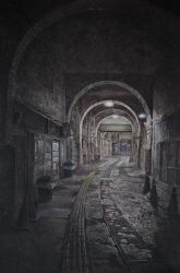 absurdres air_conditioner brick_wall cable ceiling corrugated_galvanized_iron_sheet glass_door highres indoors interior no_humans original scenery shadow shop tactile_paving tanamachi_yoshihiro traffic_cone trash_can tunnel
