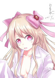 1girl 2021 alternate_costume blonde_hair chaos_marie_(grimms_notes) dated grimms_notes hair_ribbon highres long_hair pajamas pink_eyes ribbon signature solo source_request yukinko__445