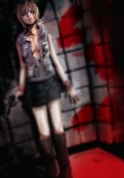 1girl bags_under_eyes blonde_hair blood boots breasts collarbone full_body gauss_&lt;bokashi gun heather_mason highres holding holding_gun holding_weapon jacket lips looking_at_viewer miniskirt pencil_skirt short_hair silent_hill_(series) silent_hill_3 skirt sleeveless solo vest watch weapon wristband