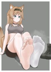 1girl animal_ears arknights barefoot blue_eyes boots brown_hair feet flickmann_ss hairband highres horn_(arknights) light_blush long_hair shoes shorts single_sock socks soles steam tail toes unworn_boots unworn_shoes white_socks