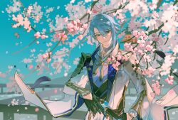 1boy absurdres agemaki_knot architecture armor artist_name asymmetrical_armor asymmetrical_hair bishounen black_armor black_gloves black_vest blue_eyes blue_hair blue_sky blurry branch cherry_blossoms chinese_knot closed_mouth commentary_request day depth_of_field east_asian_architecture falling_petals genshin_impact gloves gold_trim hair_between_eyes hair_over_shoulder half_gloves highres holding holding_sword holding_weapon jacket japanese_armor kamisato_ayato long_sleeves looking_at_viewer male_focus medium_hair mole mole_under_mouth open_clothes open_jacket outdoors pants parted_bangs petals pink_petals popped_collar purple_shirt railing ribbon-trimmed_sleeves ribbon_trim shirt shoulder_armor sialou single_sode sky smile sode solo sword tassel vest weapon white_jacket white_pants wide_sleeves