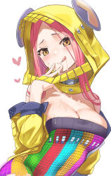 1girl 404_game_re:set breasts cleavage dress highres hood hood_up hoodie kurubushi_no_katamari large_breasts medium_hair microdress multicolored_dress off_shoulder open_clothes open_hoodie pac-man_(game) parted_bangs pink_hair yellow_eyes yellow_hood yellow_hoodie