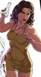 Rule 34 | 1girl, acezdib, beretta 92, brown dress, brown eyes, brown hair, dark-skinned female, dark skin, dress, grand theft auto, grand theft auto vi, gun, handgun, highres, holding, holding gun, holding weapon, jewelry, long hair, lucia caminos, mole, mole above mouth, necklace, short dress, simple background, sleeveless, sleeveless dress, solo, weapon, white background