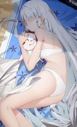 1boy 1girl absurdres bare_arms bare_shoulders bikini blue_archive braid closed_eyes doodle_sensei_(blue_archive) flower hair_flower hair_ornament highres hug long_hair lying nagusa_(blue_archive) nagusa_(swimsuit)_(blue_archive) official_alternate_costume official_alternate_hairstyle on_side pale_skin parted_bangs parted_lips sensei_(blue_archive) single_braid sleeping swimsuit white_bikini white_flower white_hair xie_hong_bai
