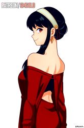 1girl absurdres back bare_shoulders black_hair breasts dress earrings hairband highres jewelry large_breasts long_hair looking_at_viewer red_eyes sidelocks smgold smile solo spy_x_family yor_briar