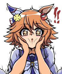 +_+ 1girl 1other :o animal_ears commentary_request ear_covers hands_on_another&#039;s_cheeks hands_on_another&#039;s_face highres horse_ears horse_girl matikanefukukitaru_(umamusume) norigurin orange_eyes orange_hair pov pov_hands school_uniform serafuku tracen_school_uniform umamusume upper_body