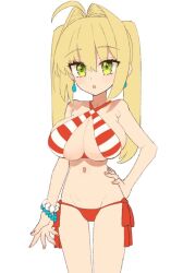 1girl bare_shoulders bikini blonde_hair bracelet breasts collarbone earrings fate/grand_order fate_(series) female_focus green_eyes hand_on_own_hip jewelry kunabishi large_breasts light_blush nero_claudius_(fate) nero_claudius_(swimsuit_caster)_(fate) parted_lips simple_background swimsuit twintails white_background