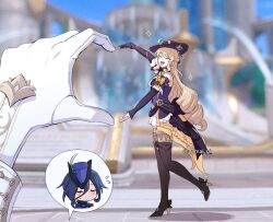 2girls :d artist_name black_boots black_dress black_gloves black_hat blonde_hair blue_hair blurry blurry_background blush boots bow building clorinde_(genshin_impact) closed_eyes closed_mouth commentary day detached_collar detached_sleeves dress drill_hair drill_sidelocks flying_sweatdrops forced_perspective fountain frilled_dress frilled_sleeves frills genshin_impact gloves hair_between_eyes hat hat_feather heart heart_arms heart_hands high-low_dress high_heel_boots high_heels kaiyamon leg_up long_hair long_sleeves multicolored_hair multiple_girls navia_(genshin_impact) open_mouth outdoors pov pov_hands purple_hair purple_hat shadow short_sleeves sidelocks single_glove smile sparkle speech_bubble spoken_character standing standing_on_one_leg strapless strapless_dress streaked_hair symbol-only_commentary thigh_boots tricorne twitter_username very_long_hair white_gloves yellow_bow yellow_dress