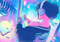 Rule 34 | 1girl, bare shoulders, black hair, black jacket, cassette player, cassette tape, from behind, headphones, highres, holding cassette, indoors, jacket, lamp, long sleeves, night, off shoulder, original, ponytail, sukajan, tropical fish, wacca005, window