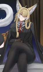 Rule 34 | 1girl, ahoge, animal ear fluff, animal ears, ant k, arknights, arm rest, belt, belt buckle, black gloves, black jacket, black pantyhose, black suit, black vest, blonde hair, blurry, blurry background, braid, buckle, closed mouth, collared shirt, crossed legs, curtains, facial scar, feet out of frame, formal clothes, fox ears, fox girl, gloves, highres, jacket, jacket on shoulders, long hair, long sleeves, looking at viewer, multicolored hair, necktie, night, night sky, pantyhose, pencil skirt, red necktie, scar, scar on cheek, scar on face, shirt, single braid, sitting, skirt, sky, smile, solo focus, star (sky), streaked hair, suit, suit jacket, tassel, thighs, vest, vulpisfoglia (arknights), white hair, white shirt