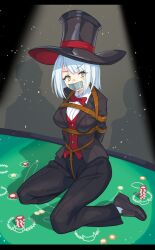 !? 1girl arms_behind_back black_pants black_suit bound bound_arms bow bowtie formal_clothes gag gagged hat highres improvised_gag loafers medium_hair original pant_suit pants poker_chip poker_table raftetram red_bow red_bowtie shadow shibari shibari_over_clothes shoes short_hair solo suit table tape tape_gag tied_up_(nonsexual) top_hat white_hair yellow_eyes