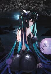 1girl aqua_hair ass ass_focus bare_shoulders black_hair blush bodysuit breasts bridal_gauntlets bubble from_behind goddess_of_victory:_nikke hair_ornament huge_ass little_mermaid_(nikke) long_hair looking_at_viewer medium_breasts multicolored_hair sideboob sitting solo tears two-tone_hair very_long_hair xmld404 yellow_eyes