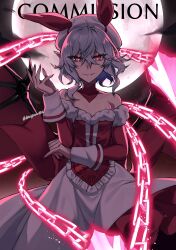 1girl absurdres bare_shoulders blue_hair chain commission demon_wings detached_collar dress fingernails full_moon fur_trim hat highres himadera looking_at_viewer mob_cap moon official_art pointy_ears red_eyes red_nails remilia_scarlet sharp_fingernails short_hair skeb_commission smile solo strange_creators_of_outer_world strapless strapless_dress touhou white_hat wings