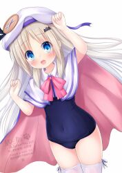 1girl bat_hair_ornament blonde_hair blue_eyes blue_one-piece_swimsuit bow cape cowboy_shot fang hair_ornament highres kud_wafter kudpoid_(71139) large_buttons little_busters! long_hair looking_at_viewer noumi_kudryavka old_school_swimsuit one-piece_swimsuit pink_bow school_swimsuit simple_background solo swimsuit thighhighs watermark white_background white_cape white_thighhighs