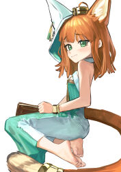Rule 34 | 1girl, absurdres, an yb, animal ears, arknights, barefoot, fox ears, fox girl, fox tail, full body, green eyes, highres, kneeling, looking at viewer, medium hair, orange hair, papyrus (arknights), soles, solo, tail, white background