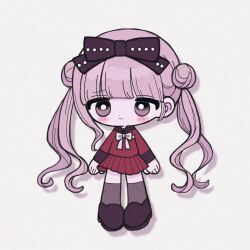 1girl black_bow blush bow chibi chibi_only closed_mouth female_focus frown hair_bow highres looking_at_viewer pink_eyes pink_hair pleated_skirt red_skirt simple_background skirt solo solo_focus standing the_hundred_line_-last_defense_academy- tsukumo_kako twintails white_background white_bow