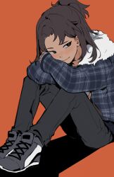 1girl black_eyes brown_hair coat elbows_on_knees full_body fur_collar hair_bun on_ground orange_background our_life:_now_and_forever plaid_clothes plaid_coat qiu_lin_(our_life) ryuuieu shoes sitting smile sneakers solo sparkle winter_clothes winter_coat