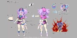 1girl back belly boots ceefore_(disgaea) chibi copyright_notice disgaea disgaea_rpg explosion fallen_angel full_body gloves harada_takehito hat lace-up_boots long_hair midriff miniskirt multiple_views navel non-web_source official_art open_mouth outstretched_arm photoshop_(medium) pink_hat pleated_skirt pointy_ears purple_eyes purple_hair purple_wings reference_sheet short_sleeves skirt solo standing text_focus translation_request turnaround twintails white_gloves wings