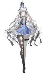1girl absurdres animal_ears black_boots black_gloves black_pantyhose blue_bow blue_dress boots bow breasts collar collared_dress commentary detached_sleeves dress flantia frilled_dress frills full_body gloves grey_eyes grey_hair hair_between_eyes hair_ornament highres large_breasts light_smile long_hair looking_at_viewer original pantyhose simple_background sleeveless sleeveless_dress solo standing strap thigh_strap white_collar white_pantyhose