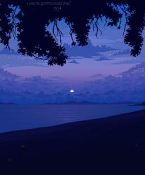 atmospheric_perspective beach blue_theme cloud cloudy_sky dark dialogue_options eastblueace english_text gradient_background highres mountain mountainous_horizon no_humans ocean original pixel_art reflection reflective_water scenery sky sunset tree